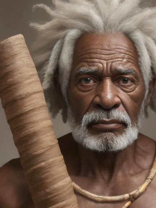 masterpiece, a close up portrait of 80 year old aborigin:1.9,  black man, curly white hair, detailed suffer face of aborigin, Australia, golden ratio, looking at viewer, dark face:1.9, ancient tribe, looking at viewer, (blown in the didgeridoo)