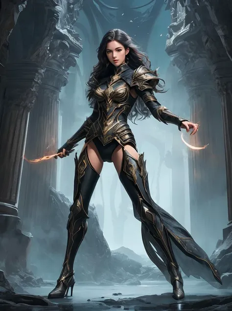 mysterious [girl|woman] in arcane [outfit|armor], long legs, wide stance, action pose, [elevate the quality to a professional level paying special attention to key features and details, craft images with sophisticated design and refined composition, exquisite attention to detail especially in obscure regions, strive for aesthetics and artistry, create stunning and highly detailed image, capture scenes with the highest possible resolution showcasing intricate details, aim for perfect depictions conveying exceptional depth and clarity, utilize soft lighting and shadows to highlight characteristic features, ensure crisp sharpness, apply deep and intense colors]