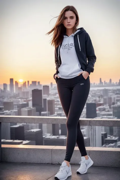 photo of 22 year old beautiful woman wearing casual shirt with a hoodie and leggings standing in front of a city skyline at sunrise, messy medium hair, slim body, medium upper body shot, looking at the camera, short smile, shallow depth of field, 8k uhd, dslr, soft lighting, high quality, photorealistic, realism, hyperrealism, art photography