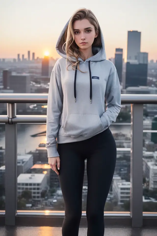 photo of 22 year old beautiful woman wearing casual shirt with a hoodie and leggings standing in front of a city skyline at sunrise, messy medium hair, slim body, medium upper body shot, looking at the camera, short smile, shallow depth of field, 8k uhd, dslr, soft lighting, high quality, photorealistic, realism, hyperrealism, art photography