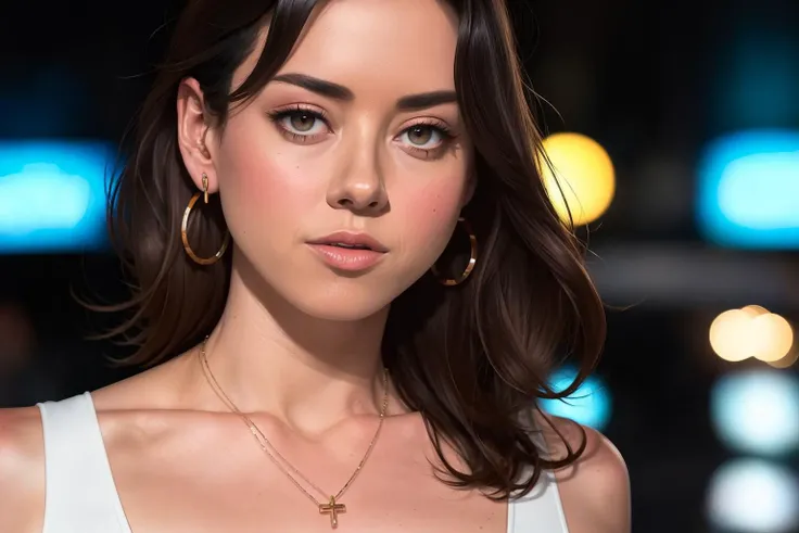 aubrey_plaza-512-5000, photo of 26 year old pretty woman wearing tight white evening dress with earrings and necklace standing inside a fancy dance club, messy long hair, slim body, medium upper body shot, looking at the camera, short smile, cinematic lighting, shallow depth of field, 8k uhd, dslr, masterpiece, high quality, photorealistic, realism, hyperrealism, art photography, realistic