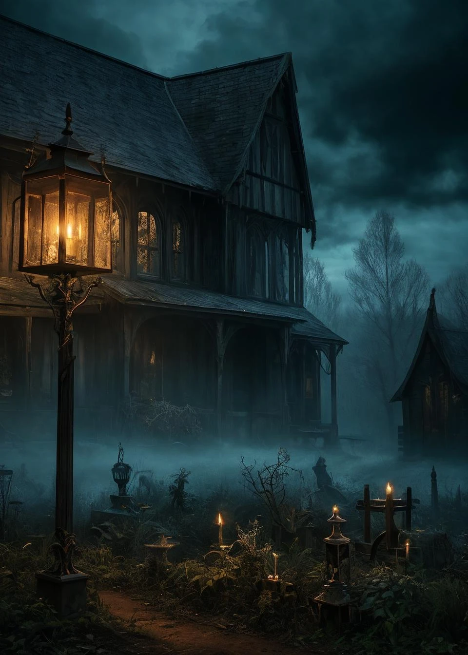 close-up [photo|digital art], haunted [shed|house], nightfall, dark clouds, cursed land, landscape, (ritual, nightmare, horror, abstract, delirium, dream, illusion, phantasmagoria, torment), mist, fog, fumes, [graveyard], [tombstone|lantern|candle][glitter, sparkles, shimmer, glimmer], artistic expression, aesthetic design, intricate composition, refined details, color gradient, clear shades, intense shadows, sharp focus, extensive details, high resolution, subtle lighting and highlights, fine textures
