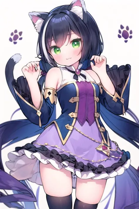 Score_9, Score_8_up, Score_7_up, Score_6_up, Score_5_up, Score_4_up, source_anime, 1girl, karyl, animal ear fluff, animal ears, black hair, black ribbon, cat ears, cat girl, cat tail, fang, green eyes, hair bow, long hair, low twintails, multicolored hair, purple bow, ribbon, skin fang, streaked hair, tail, twintails, vertical stripes, white hair, skirt lift, pussy juice