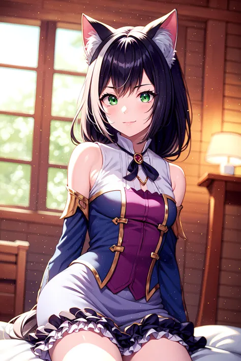 masterpiece, best quality, ultra-detailed, glowing light, (detailed background, complex background:1.2), 1girl, solo, perfect face, (beautiful and aesthetic:1.2), colorful, dynamic angle, highest detailed face, (kyaru), black hair, green eyes, cat ears, bare shoulders, detached sleeves, purple skirt, (small breast), (cozy interior of a country cottage during a midwinter night, warm fireplace:0.8), (soft blankets, couch:0.5), (smile:0.5), <lora:kyaru-10:0.7>