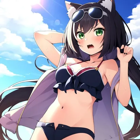 best quality, masterpiece, 1girl, kyaru, black hair, green eyes, cat ears, black bikini, cowboy shot, scared, open mouth <lora:kyaru-18:0.9>