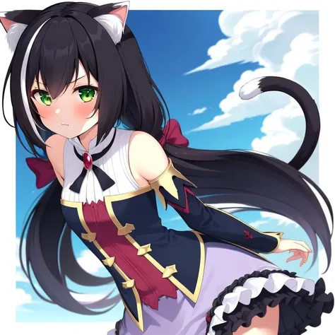 best quality, masterpiece, 1girl, kyaru, black hair, green eyes, cat ears, bare shoulders, detached sleeves, purple skirt, cowboy shot <lora:kyaru-18:0.9>