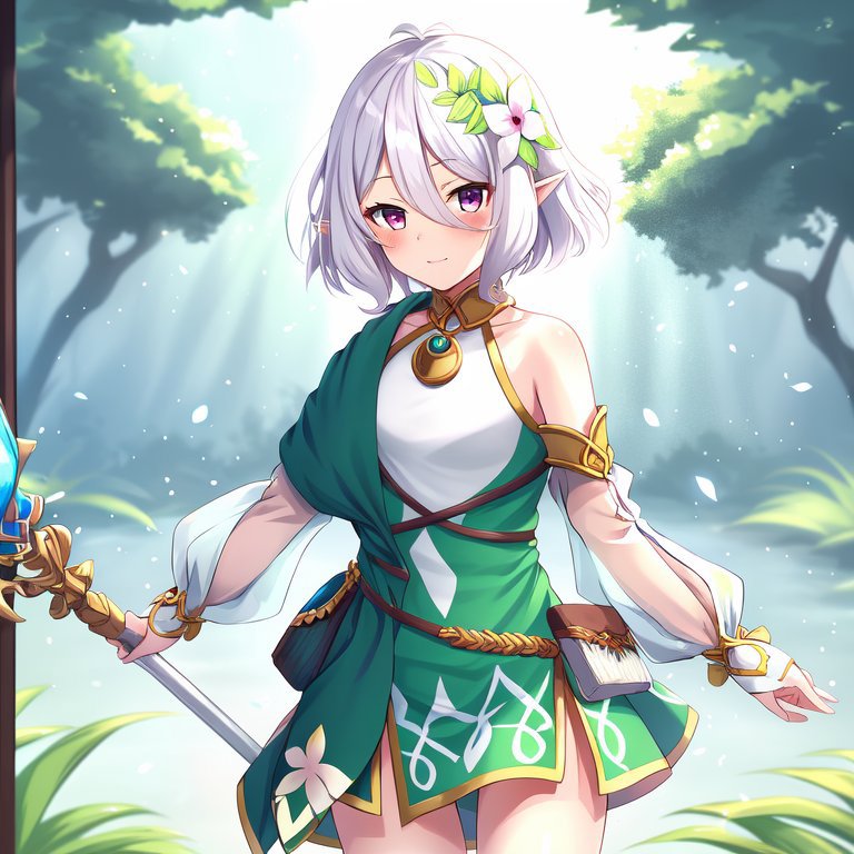 Anime girl with white hair and green outfit holding a sword - SeaArt AI
