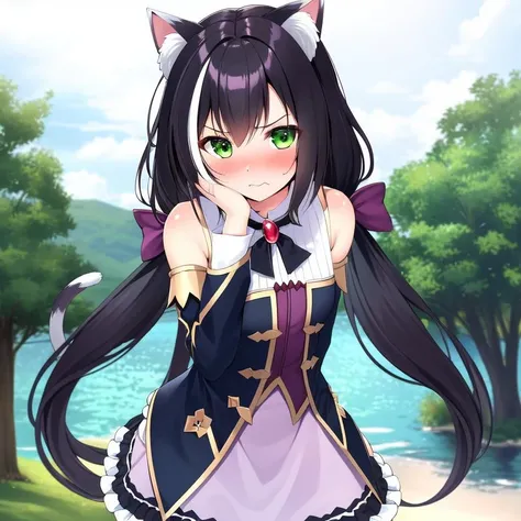 best quality, masterpiece, 1girl, kyaru, black hair, green eyes, cat ears, bare shoulders, detached sleeves, purple skirt, cowboy shot, blush, embarassed <lora:kyaru-18:0.9>