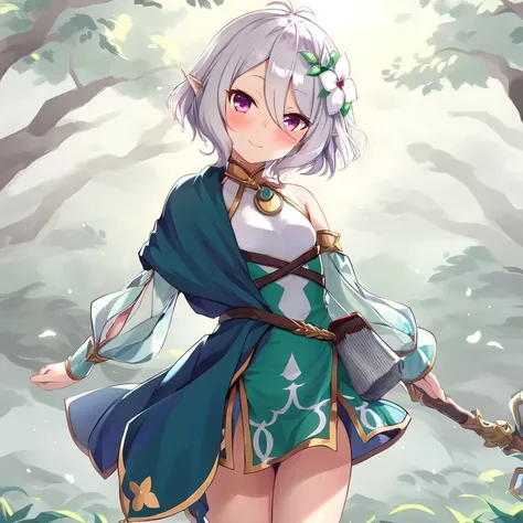 (fighting pose),holding spear,kokkoro,Blushing cheeks,Open your mouth,Angry face,Flat Chest,Purple eyes,Silver Hair,Bob Hair,forest,1 Girl,master piece , best quality,(high resolution)