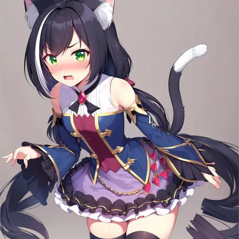 best quality, masterpiece, 1girl, kyaru, black hair, green eyes, cat ears, bare shoulders, detached sleeves, purple skirt, shy, embarrassed, cowboy shot, grey background <lora:kyaru-10:0.9>