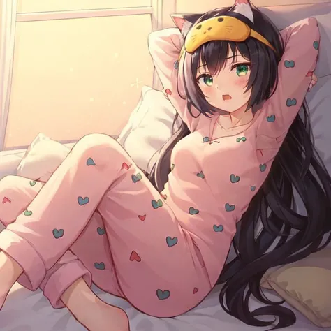 best quality, masterpiece, 1girl, kyaru, black hair, green eyes, cat ears, pajamas, open mouth, arms behind head, (on back, on bed:1.1) <lora:kyaru-10:0.9>