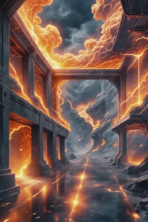 anime style, vibrant color palette, volcanic ash, glowing hot tendrils, Water Treatment Facility \(room\) in a mysterious scifi sky city outside of time<lora:EnvyStarlightDreamfire01:1>