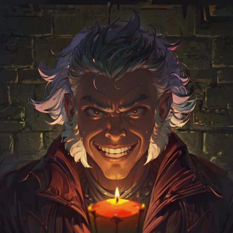 (masterpiece, top quality, best quality, beautiful, and aesthetic:1.2) portrait shot, me3n, male, 1boy, evil grin, stone dungeon room, horror, candle light, <lora:me3n-000010:.9>