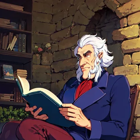 (masterpiece, top quality, best quality, beautiful, and aesthetic:1.2) me3n, white hair, male, reading a book, 1boy, stone dungeon room, <lora:me3n-000010:1>