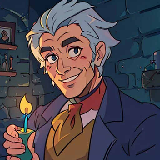 (masterpiece, top quality, best quality, beautiful, and aesthetic:1.2) portrait shot, me3n, male, 1boy, smile, stone dungeon room, candle light, mutton chops <lora:me3n-000010:.8>
