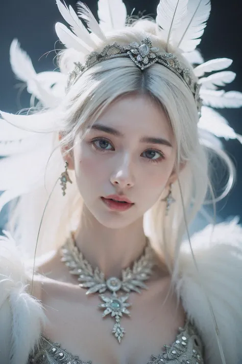 1girl,long legs,small breasts,jewelry,looking at viewer,earrings,hair ornament,white hair,feathers,necklace,lips,makeup,eyelashes,parted lipsa white woman with feathers in this image,in the style of intricately sculpted,luminous portraits,detailed costumes,atmospheric mood,wealthy portraiture,<lora:ç½ç¾½å¬¿å©:0.3>,<lora:Chenchen_v2-000013:0.5>,
