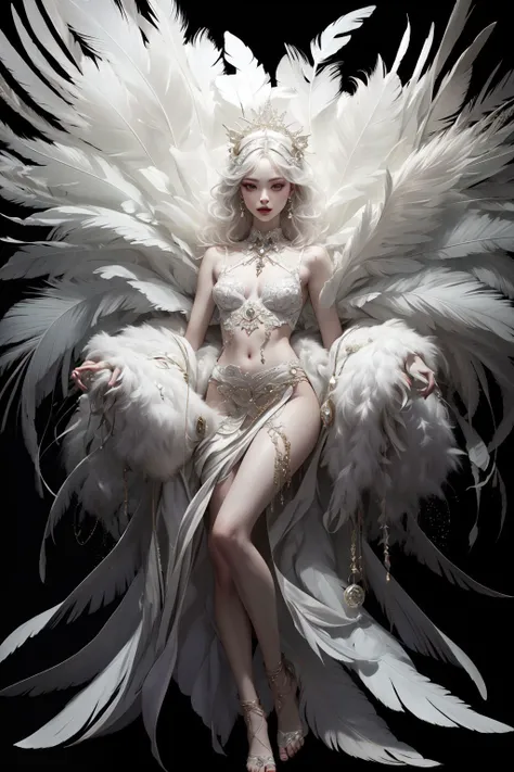 1girl,solo,(full body:1.5),long legs,small breasts,childish,jewelry,looking at viewer,earrings,hair ornament,white hair,feathers,black background,simple background,upper body,necklace,lips,makeup,eyelashes,parted lipsa white woman with feathers in this image,in the style of intricately sculpted,luminous portraits,detailed costumes,8k resolution,onii kei,atmospheric mood,wealthy portraiture,<lora:ClothingAdjuster2:0.4>,<lora:ww-000012:0.4>,<lora:MildDetailAdjusterV10_4:0.5>,zhubao,, (masterpiece, best quality, high quality, highres, ultra-detailed),