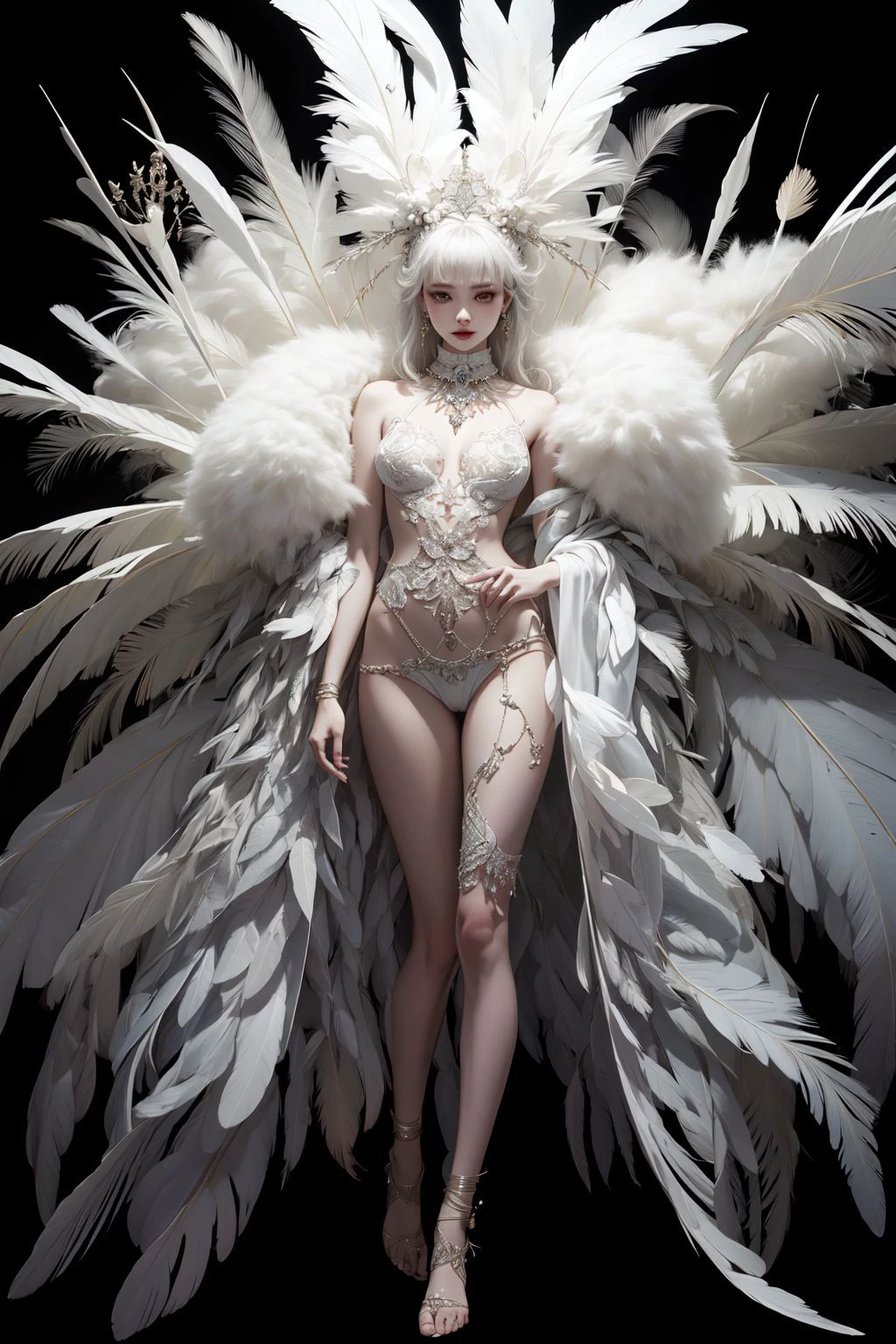 1girl,solo,(full body:1.5),long legs,small breasts,childish,jewelry,looking at viewer,earrings,hair ornament,white hair,feathers,black background,simple background,upper body,necklace,lips,makeup,eyelashes,parted lipsa white woman with feathers in this image,in the style of intricately sculpted,luminous portraits,detailed costumes,8k resolution,onii kei,atmospheric mood,wealthy portraiture,<lora:ClothingAdjuster2:0.4>,<lora:ww-000012:0.4>,<lora:MildDetailAdjusterV10_4:0.5>,zhubao,, (masterpiece, best quality, high quality, highres, ultra-detailed),