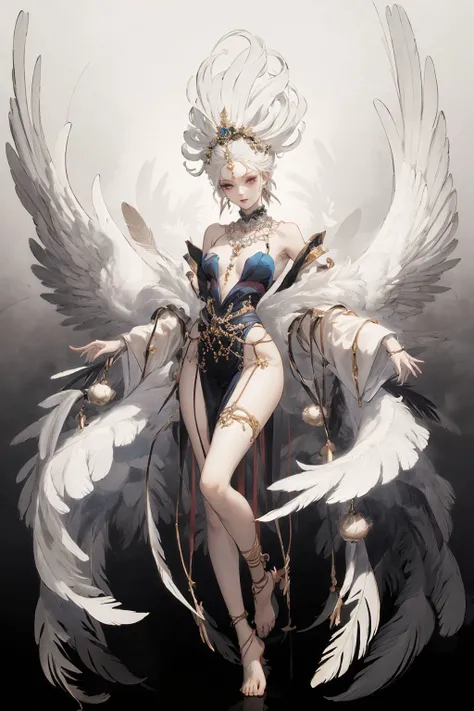 1girl,solo,(full body:1.5),long legs,small breasts,childish,jewelry,looking at viewer,earrings,hair ornament,white hair,feathers,black background,simple background,upper body,necklace,lips,makeup,eyelashes,parted lipsa white woman with feathers in this image,in the style of intricately sculpted,luminous portraits,detailed costumes,8k resolution,onii kei,atmospheric mood,wealthy portraiture,<lora:ClothingAdjuster2:0.4>,<lora:ww-000012:0.4>,<lora:MildDetailAdjusterV10_4:0.5>,zhubao,, (masterpiece, best quality, high quality, highres, ultra-detailed),