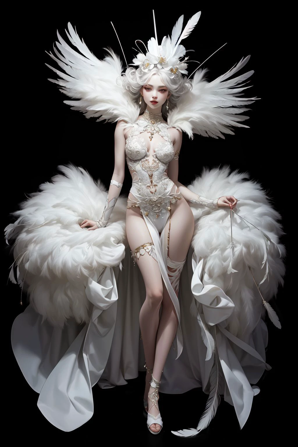 1girl,solo,(full body:1.5),long legs,small breasts,childish,jewelry,looking at viewer,earrings,hair ornament,white hair,feathers,black background,simple background,upper body,necklace,lips,makeup,eyelashes,parted lipsa white woman with feathers in this image,in the style of intricately sculpted,luminous portraits,detailed costumes,8k resolution,onii kei,atmospheric mood,wealthy portraiture,<lora:ClothingAdjuster2:0.4>,<lora:ww-000012:0.4>,<lora:MildDetailAdjusterV10_4:0.5>,zhubao,, (masterpiece, best quality, high quality, highres, ultra-detailed),