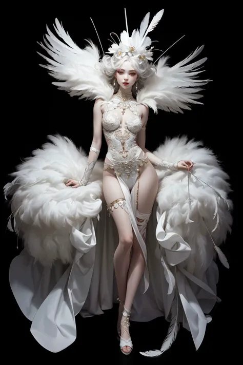 1girl,solo,(full body:1.5),long legs,small breasts,childish,jewelry,looking at viewer,earrings,hair ornament,white hair,feathers,black background,simple background,upper body,necklace,lips,makeup,eyelashes,parted lipsa white woman with feathers in this image,in the style of intricately sculpted,luminous portraits,detailed costumes,8k resolution,onii kei,atmospheric mood,wealthy portraiture,<lora:ClothingAdjuster2:0.4>,<lora:ww-000012:0.4>,<lora:MildDetailAdjusterV10_4:0.5>,zhubao,, (masterpiece, best quality, high quality, highres, ultra-detailed),