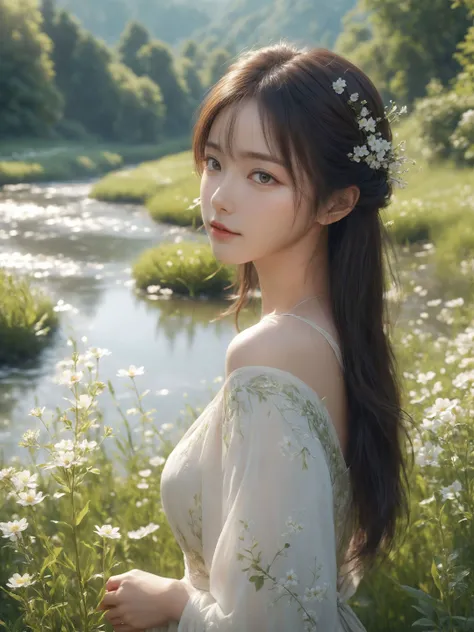 1girl,adult,fair_skin,medium_shot,upper_body,white long shan,nature,grove,flowers meadows,river,outdoors,looking at viewer,backlight,soft,, masterpiece,best quality,highly detailed,Amazing,finely detail,extremely detailed CG unity 8k wallpaper,score:>=60,, beautiful detailed eyes,Fine hair texture,