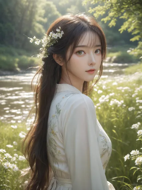 1girl,adult,fair_skin,medium_shot,upper_body,white long shan,nature,grove,flowers meadows,river,outdoors,looking at viewer,backlight,soft,, masterpiece,best quality,highly detailed,Amazing,finely detail,extremely detailed CG unity 8k wallpaper,score:>=60,, beautiful detailed eyes,Fine hair texture,
