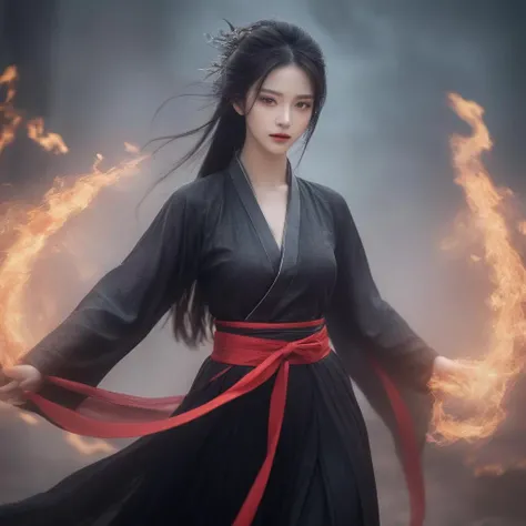 a very beautiful woman,dark theme,dramatic light,perfect body shape,facial shimmer,killing intent with a hint of tenderness,blood battle immortal realm,black ribbon,dark aura,nsfw,hanfu,burning fabric,magnificent background,narrow_waist