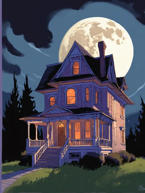 interactive drama game style painting of a house with a full moon in the background, (thick lines, video game concept art, digital illustration, masterpiece, high quality art by aaron jasinski) . narrative depth, character development, player choice impact