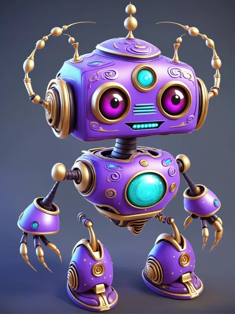 rococo aesthetic cartoon robot with a happy face and a purple body, happy robot, delightful friendly robot, friendly robot, robot, friendly humanoid cyber robot, very robot zen, robot icon, space insect android, antennae, beautiful robot character design, tintoy characterdesign robot, ((robot)), 3d adult robot, ant alien, mr. roboto . playful, ornate, pastel, intricate details