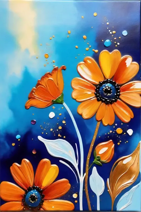 a close up of a painting of flowers on a blue background, an acrylic painting inspired by penny patricia poppycock, featured on pinterest, maximalism, floral splash painting, alcohol ink art, alcohol ink painting