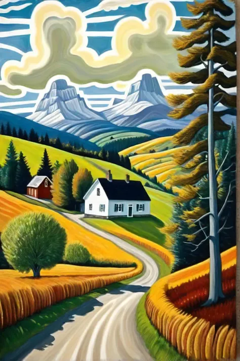 painting of a country road with a barn in the distance, by nikolai astrup, inspired by james mcintosh patrick, by charles e. burchfield, by grandma moses, charles burchfield art painting, inspired by grandma moses, alpine landscape with a cottage, inspired by nikolai astrup, vibrant gouache painting scenery, by james mcintosh patrick