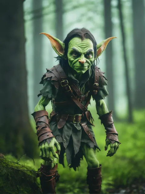 a photo of a (mischievous goblin:1.3), standing defiantly in a foggy forest, (bright green skin:1.2), oversized ears, cunning expression, leather armor, (wet ground reflection:1.1), surrounded by emerging plant life, mysterious woodland setting, soft diffused light, canon eos 5d mark iv, 1/125s, f/2.8, iso 800, moody color grading, raw photography, professional grade, high definition anime art, vibrant greenery, by alexander ivanov, background image, vertical wallpaper, beautiful painting of a tall, stylized game art, art cover illustration