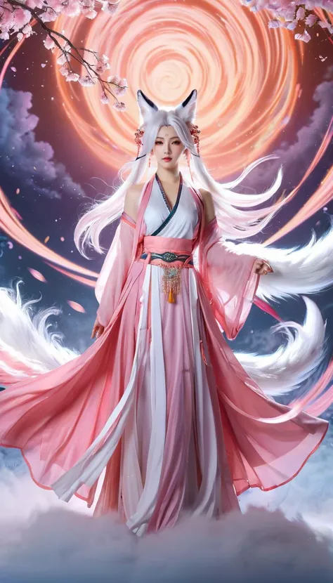 1girl,(full body:1.1),(facing camera:1.1),(nine-tailed fox tail:1.2),(navel:1.1),(multiple tails:1.3),
This image showcases A beautiful girl,wearing a gorgeous Hanfu and exquisite jewelry on her head,(flowing white hair and fox-like ears:1.2),pink smoke swirls around .,(The long nine-tailed fox tail is look like clouds:1.4),the light pink color scheme creates a soft tone,pink smoke swirls around,an ethereal aura and mysterious atmosphere .,It is a high definition wallpaper with perfect details,super resolution,and high definition images.,The delicate brushstrokes are in the style of fantasy with mysterious colors and soft lighting effects.,
(looking at viewer:1.1),medium breasts,barefoot,white tail,
ray tracing,shadows,ultra sharp,metal,cold colors,Epic CG masterpiece,(3D rendering),facing camera,masterpiece,best quality,((ultra realistic details:1.5)),glass-like sparkling eyes are blurry and dreamy,(muscle tone and definition),(finely detailed features),stunning colors,cinematic lighting effects,super wide Angle,light particles,light particle art,glowing,dynamic poses,surreal,futurism,concept art,exquisite facial features,super delicate face,