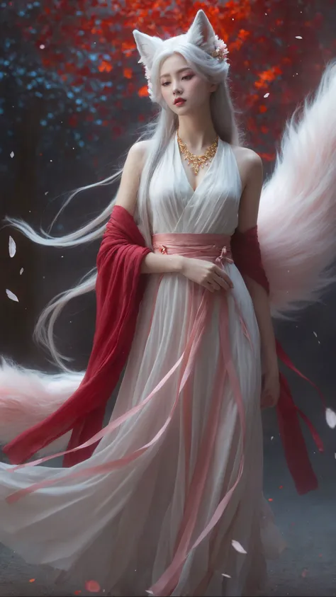 This image showcases A beautiful girl,wearing a gorgeous Hanfu and exquisite jewelry on her head,(flowing white hair and fox-like ears:1.2),pink smoke swirls around .,(The long nine-tailed fox tail is look like clouds:1.5),the light pink color scheme creates a soft tone,pink smoke swirls around,an ethereal aura and mysterious atmosphere .,It is a high definition wallpaper with perfect details,super resolution,and high definition images.,The delicate brushstrokes are in the style of fantasy with mysterious colors and soft lighting effects.,
1girl,((full body:1.2)),((facing camera:1.2)),((nine-tailed fox tail:1.2)),(multiple tails:1.2),(dark red and light gold:1.3),((barefoot:1.2)),(looking at viewer:1.1),medium breasts,white tail,
ray tracing,shadows,ultra sharp,metal,((cold colors)),Epic CG masterpiece,(3D rendering),facing camera,ultra high resolution,(masterpiece),(best quality),(super detailed),(extremely delicate and beautiful),cinematic light,detailed environment,(real),(ultra realistic details:1.5),glass-like sparkling eyes are blurry and dreamy,(muscle tone and definition),(finely detailed features),stunning colors,cinematic lighting effects,super wide Angle,light particles,light particle art,glowing,dynamic poses,surreal,futurism,concept art,exquisite facial features,super delicate face,designed by greg manchess,smoke,a model woman,bright eyes,glossy lips,trending on art station,photoreal,8 k,octane render by greg rutkowski,art by Carne Griffiths and Wadim Kashin,in the style of Dau-al-Set,Pollock,and inspired by MAPPA and Zdzislaw Beksinski,
