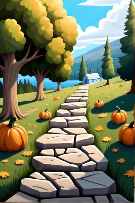 painting of a stone path surrounded by rocks and trees, high detailed cartoon, california, featured on artstationhq, 256x256, lot of detail, classic gem, jonny wan, stone floor, sarah andersen, whole page illustration, mount, 8k mate painting, pine, fra, exquisite, at day, pumpkin farm background, 64x64