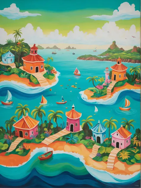 sandbox game style the image is a vibrant, abstract representation of an island scene. the art style appears to be inspired by surrealism or pop art, characterized by bold and vivid colors and playful patterns. the canvas is awash with a spectrum of bright hues, including blue, pink, green, orange, and yellow, arranged in a mesmerizing swirl pattern that mimics the movement of water currents. multiple small islands are scattered throughout the painting, each adorned with lush vegetation in shades of green and orange. some of these islands feature red buildings, while others have lighthouses painted in contrasting white and black stripes. these structures seem to be floating on the colorful waters, adding an element of whimsy to the scene. in addition to the islands and their architectural features, there are various objects like boats and fish swimming around them. these elements further enhance the lively atmosphere of the painting, evoking a sense of adventure and exploration. overall, the image presents a dreamy, fantastical world where imagination takes the form of an island archipelago nestled within a colorful, swirling sea. . open world, freedom to explore, user created content