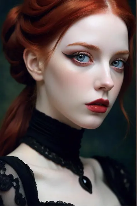 a close up of a woman with red hair wearing a black dress, a portrait inspired by henric trenk, tumblr, gothic art, gothic rich deep colors, natalie shau tom bagshaw, gothic royalty portrait