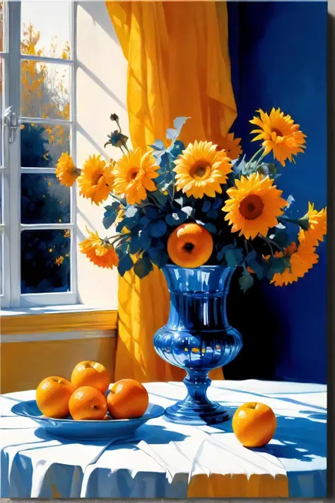 painting of a vase of flowers and fruit on a table, jeremy mann art, blue and orange color scheme, by yanjun cheng, highly detailed painting of old, golden autumn, azulejo, upscale photo, greg olsen, silver and yellow color scheme, w 1024, dmitry spiros, a painting of white silver, artbreeder. high quality art