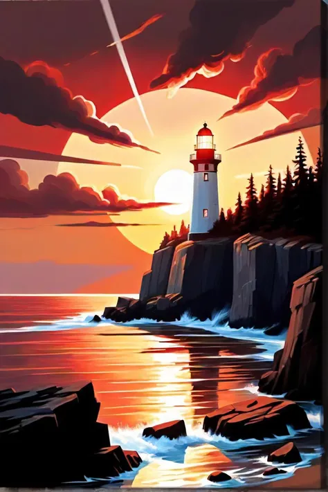 painting of a lighthouse on a rocky shore with a sunset in the background, beautiful iphone wallpaper, red cloud light, retro artwork, artist unknown, light fogged, digital painting n 5, beautiful depiction, neoclassic painting