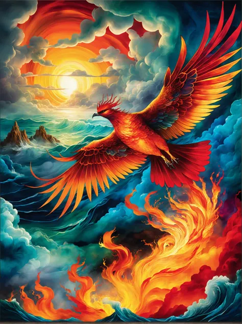 stained glass style painting of a large bird flying through a cloudy sky, apocalyptic tumultuous sea, turbulent alien vivid landscape, inspired by kim keever, engulfed in swirling flames, dramatic digital art, breathtaking digital art, fantasy artrealistic painting, burning ocean, by kim keever, ocean of canvas catching fire, planets crashing, hellish landscape, dante's inferno painting . vibrant, beautiful, translucent, intricate, detailed