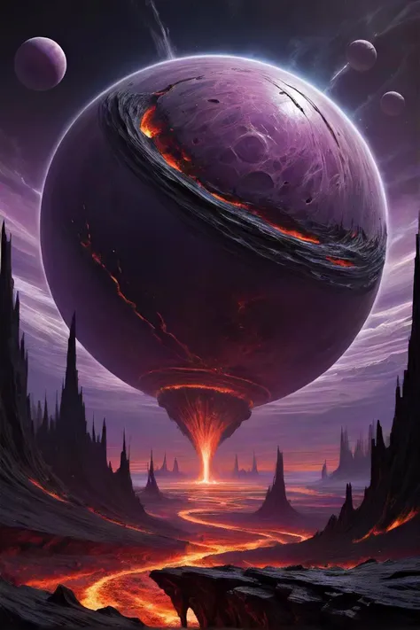 a purple and black painting of a planet surrounded by lava, peter gric and dan mumford, 1024x1024, fireball, greg rutkowski c 10, beautiful random images, style of anton fadeev, dmt!!!!!!!!, some red and purple, discord pfp, balls of fire, super detailed image