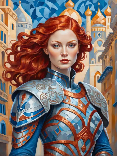impressionist painting the image portrays a woman with vibrant red hair, standing confidently in the middle of an art nouveau inspired street. she is adorned in a futuristic armor made of shimmering blue and silver plates, giving her a warrior like appearance. the armor's intricate designs and flowing lines are reminiscent of the art nouveau style. the background features stone buildings with ornate facades, characterized by their curved shapes and organic forms typical of this artistic movement. . loose brushwork, vibrant color, light and shadow play, captures feeling over form