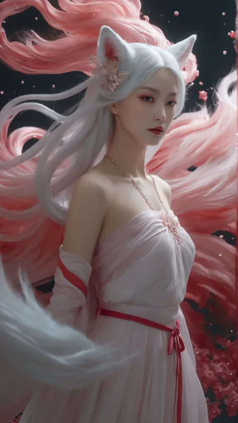 This image showcases A beautiful girl,wearing a gorgeous Hanfu and exquisite jewelry on her head,(flowing white hair and fox-like ears:1.2),pink smoke swirls around .,(The long nine-tailed fox tail is look like clouds:1.5),the light pink color scheme creates a soft tone,pink smoke swirls around,an ethereal aura and mysterious atmosphere .,It is a high definition wallpaper with perfect details,super resolution,and high definition images.,The delicate brushstrokes are in the style of fantasy with mysterious colors and soft lighting effects.,
1girl,((full body:1.2)),((facing camera:1.2)),((nine-tailed fox tail:1.2)),(multiple tails:1.2),(dark red and light gold:1.3),((barefoot:1.2)),(looking at viewer:1.1),medium breasts,white tail,
ray tracing,shadows,ultra sharp,metal,((cold colors)),Epic CG masterpiece,(3D rendering),facing camera,ultra high resolution,(masterpiece),(best quality),(super detailed),(extremely delicate and beautiful),cinematic light,detailed environment,(real),(ultra realistic details:1.5),glass-like sparkling eyes are blurry and dreamy,(muscle tone and definition),(finely detailed features),stunning colors,cinematic lighting effects,super wide Angle,light particles,light particle art,glowing,dynamic poses,surreal,futurism,concept art,exquisite facial features,super delicate face,designed by greg manchess,smoke,a model woman,bright eyes,glossy lips,trending on art station,photoreal,8 k,octane render by greg rutkowski,art by Carne Griffiths and Wadim Kashin,in the style of Dau-al-Set,Pollock,and inspired by MAPPA and Zdzislaw Beksinski,