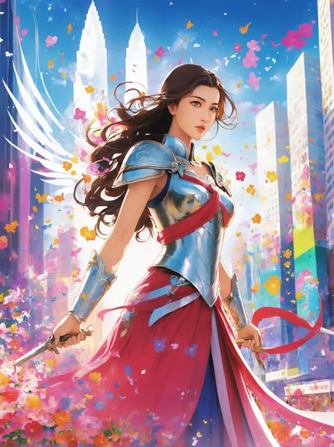 platformer video game style, 2d or 3d, jumping and obstacle navigation, colorful levels in the heart of a bustling city, a woman stands resolute in front of an expansive mural showcasing an array of colorful flowers. she is adorned in a dress that mirrors the vibrancy of the artwork behind her its floral patterns seem to echo the life and energy of the city itself. the setting is lively and energetic, with people milling about in the background, their faces reflecting the excitement of urban life. the atmosphere is vibrant, almost electric, as if this corner of the city has been kissed by magic. as she stands amidst the swirl of activity, a mysterious figure appears on the horizon. the figure is clad in armor, their weapon held high in preparation for battle. they stride towards our protagonist, their determined gaze fixed on her. their approach creates a sense of tension and anticipation within the scene. the air crackles with energy as they draw closer, their purpose clear: they seek protection or assistance from our courageous heroine. as they come into view, it becomes apparent that they are not merely an ordinary adventurer; they bear the marks of a hero, one who has fought countless battles and emerged victorious time and again. with a deep breath, our heroine prepares herself for whatever challenge awaits. she stands tall and proud, her determination mirrored in the gleaming petals of her dress. and so, together they face the trials ahead, their bond growing stronger with each step they take side by side.