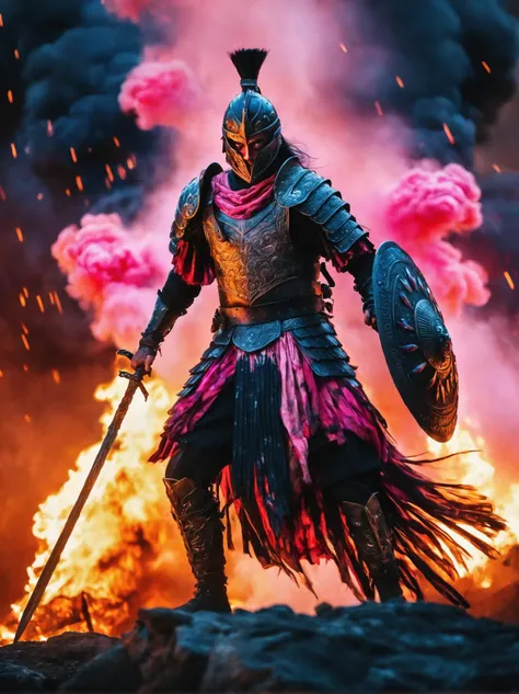 ikat style, tie dyed, blurred patterns, colorful, textured the image portrays a fierce warrior standing in the midst of chaos. the warrior, adorned in black armor and wielding a sword, stands with an intense gaze directed towards the viewer. his fiery red eyes are illuminated by a pink aura, hinting at his powerful abilities. a blue cape flows behind him, adding to his formidable presence. the background is ablaze with swirling flames that emit a mix of pink and orange hues, creating an atmospheric backdrop for this scene. the warrior is positioned in front of these flames, further emphasizing his dominance over the environment. in summary, this image captures a powerful moment featuring a warrior poised for battle amidst a fiery backdrop, characterized by intense colors and dramatic elements.