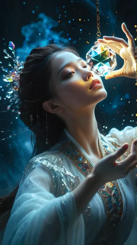 Chinese fantasy,Eastern mythology,((full body:1.3)),((floating)),((in air)),shrouded in a lattice like cloud layer above the screen,(these thick dark clouds condense into crystals),(there is a gap in the center of the cloud layer, from which many black smoke flows out),a dazzling sky,(a 20-year-old woman wearing a white long sleeved ancient costume suspended in the air:1.2),((she holds a crystal stone emitting colorful light with both hands:1.5)),the Tindar effect,chaos,sacred light,
ray tracing,shadows,ultra sharp,metal,((cold colors)),Epic CG masterpiece,(3D rendering),facing camera,ultra high resolution,(masterpiece),(best quality),(super detailed),(extremely delicate and beautiful),cinematic light,detailed environment,(real),(ultra realistic details:1.5),glass-like sparkling eyes are blurry and dreamy,(muscle tone and definition),(finely detailed features),stunning colors,cinematic lighting effects,super wide Angle,light particles,light particle art,glowing,dynamic poses,surreal,futurism,concept art,exquisite facial features,super delicate face,designed by greg manchess,smoke,a model woman,bright eyes,glossy lips,trending on art station,photoreal,8 k,octane render by greg rutkowski,art by Carne Griffiths and Wadim Kashin,in the style of Dau-al-Set,Pollock,and inspired by MAPPA and Zdzislaw Beksinski,