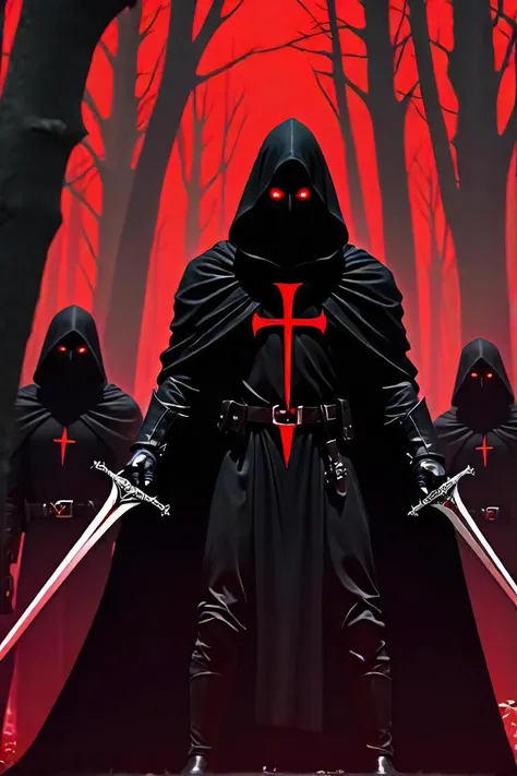 several people in hoodeds with red eyes and swords in a forest, digital art inspired by jason a. engle, featured on artstation, gothic art, an army of evil, cultists watching, dark robed