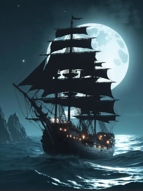 hipster style a large ship sailing in the ocean under a full moon, digital art by anton fadeev, cgsociety contest winner, fantasy art, pirate ships at war at night, gothic ship on ocean, pirate ships . vintage clothing, indie music, artisanal coffee, ironic sensibilities