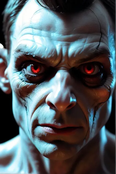 a close up of a man with a creepy face and a tree branch, fit male demon with white horns, intense demonic look in the eyes, photo of demon gollum, of an evil elf, dark but detailed digital art, demonic face, hyper realistic fantasy monster, portrait of a demon, portrait demon half human, human male demon, demon male, stefan gesell